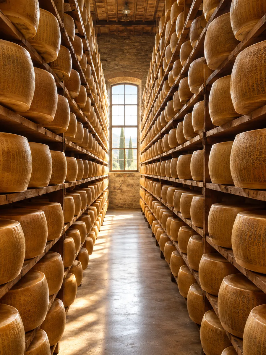 Ein langer Gang mit Laiben Parmigiano Reggiano, die auf hohen Holzregalen reifen