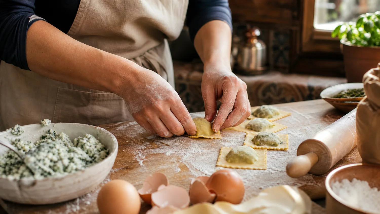 Floury hands sealing square ravioli filled with ricotta and greens on a wooden board, with eggs, a rolling pin and a bowl of filling