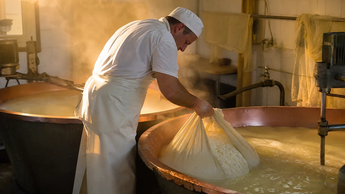 Käser heben in einer Parmigiano-Käserei frischen Bruch aus Kupferkesseln