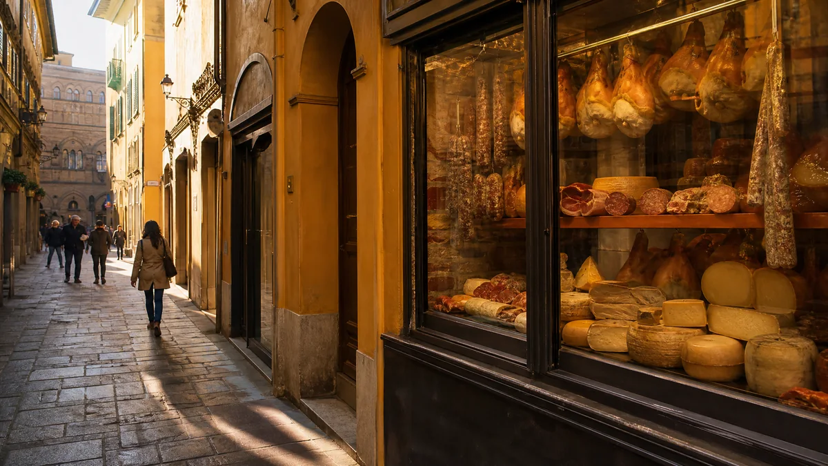 Das Schaufenster einer traditionellen Salumeria mit Schinken, Käse und Salami in einer Altstadtgasse